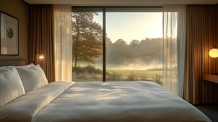 Bedroom interior with window view and bed