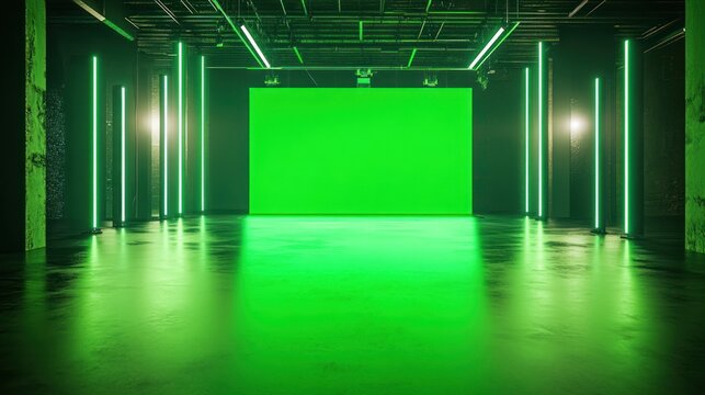 Modern green screen studio with neon lights and a polished concrete floor backdrop