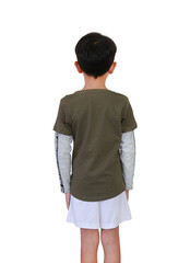 Back view of Asian boy age 7-8 years old isolated on white background.