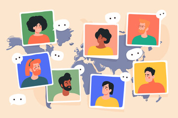 Global Connections: Illustrative representation of a diverse group of individuals connecting across the world through virtual communication platforms, symbolizing global collaboration.