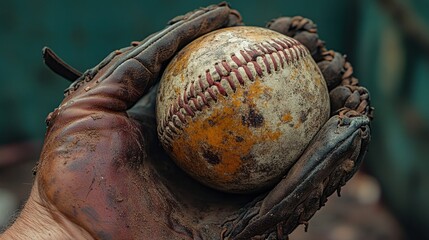 Vintage baseball in worn leather glove