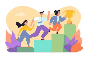 Climbing the Success Ladder: A stylized illustration of professionals stride up steps toward a shining golden trophy, symbolizing ambition, teamwork, and the relentless pursuit of success.