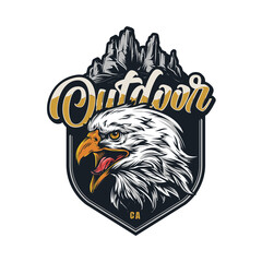 T-shirt design - outdoor themed emblem featuring an eagle head and mountain range graphic on a black background