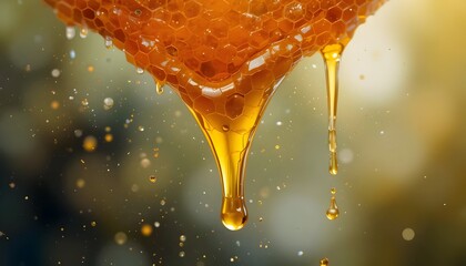 Golden honey drips slowly from a hexagonal comb, each drop a testament to nature's geometric beauty and sweet abundance.