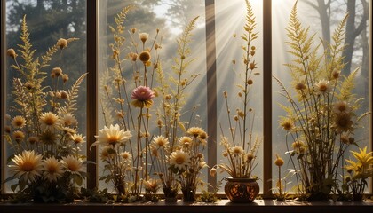 Golden Botanical Vignettes: Pressed Flowers Illuminated by Sunlight.