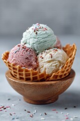 Colorful ice cream scoops in waffle bowl topped with sprinkles on wooden base