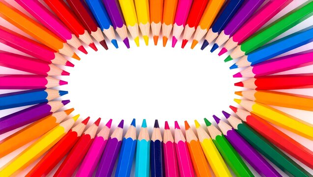 A vibrant composition featuring a circle of colorful pencils, creating a rainbow spectrum with a white space in the center.