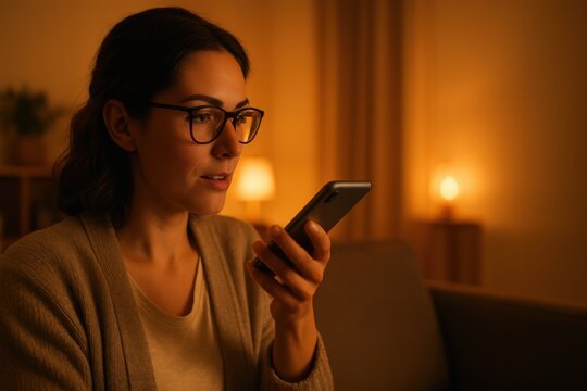 Young woman using smartphone voice command in cozy living room at night