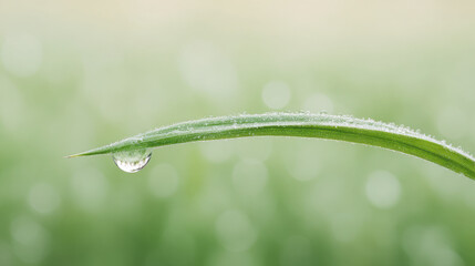 closeup of exquisite dewdrop resting on blade of grass with clean bright background