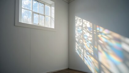 Sunlight filters through faceted glass, projecting rainbow patterns onto a minimalist white wall, a dance of light and color.