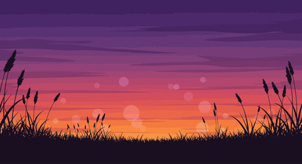Fototapeta premium Sunset Meadow Silhouette – Peaceful Nature Scene with Bokeh Sky & Tall Grass