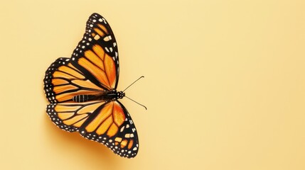 Fototapeta premium Monarch Butterfly with Wings Spread on Yellow Background with Copy Space for Text
