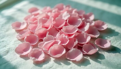 
Delicate pink petals lie scattered on a linen surface, their soft hues illuminated by gentle sunlight, evoking a tranquil, romantic charm.