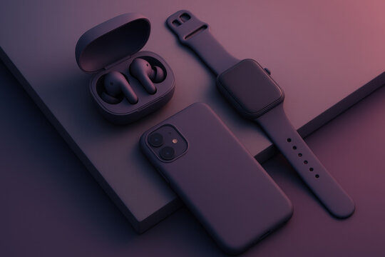 Modern Future Dusk tech setup with smartphone, wireless earbuds, and smartwatch on geometric backdrop