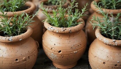 Rustic Clay Pots Adorned with Fresh Herbs for a Natural Charm