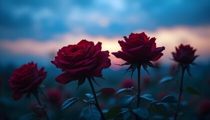Twilight Allure: Velvety Roses Awash in Dim Evening Light.