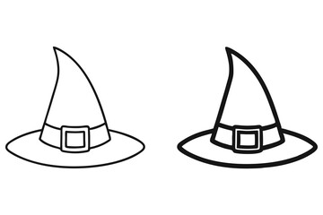 Fototapeta premium Two monochrome outlines present the iconic design of a witch hat for Halloween