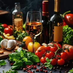 A glass of white wine sits amidst fresh vegetables and herbs, with wine bottles in the background, suggesting a culinary or Mediterranean theme
