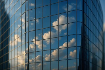 Obraz premium Cloud reflections on modern glass office building facade against blue sky