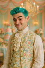 Fototapeta premium Smiling young man with teal hair in elegant 18th century rococo outfit at pastel themed party