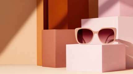 Stylish sunglasses displayed on colorful geometric blocks in a modern, minimalistic setting
