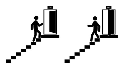 Set of stick figures, movement along the emergency exit stairs, flat vector illustration.