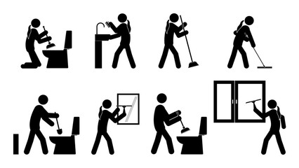 Set of stick figures, cleaning in the bathroom, flat vector illustration.