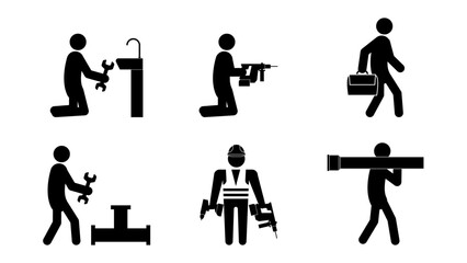 Set of stick figures, plumbing and repair, flat vector illustration.