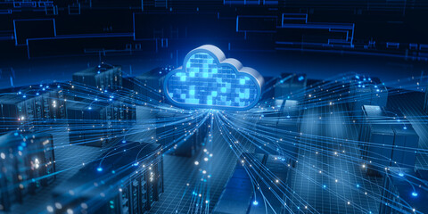 Cloud computing symbol connects to server datacenter network.