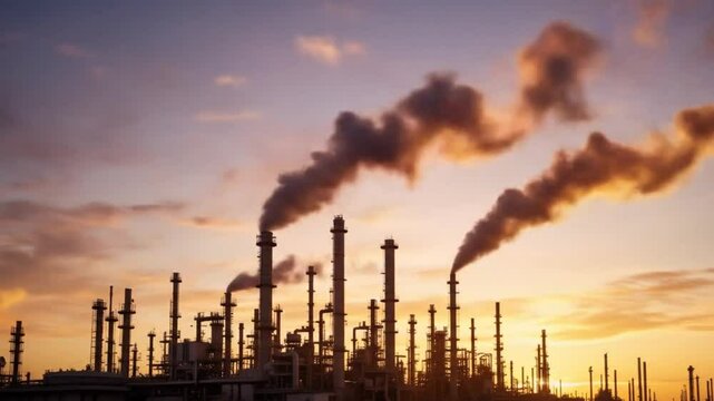 Industrial refinery with smokestacks and pipes silhouetted against a dramatic sunset sky. 4k video