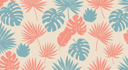 Seamless pattern featuring tropical leaves such as monstera and palm, combined with abstract pastel shapes. Perfect for fabric design, wallpaper, wrapping paper, or summer-themed backgrounds