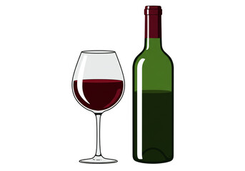 A simple illustration of a glass of red wine next to a green bottle on a white background