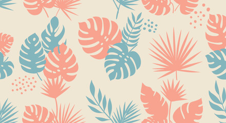 Seamless pattern featuring tropical leaves such as monstera and palm, combined with abstract pastel shapes. Perfect for fabric design, wallpaper, wrapping paper, or summer-themed backgrounds