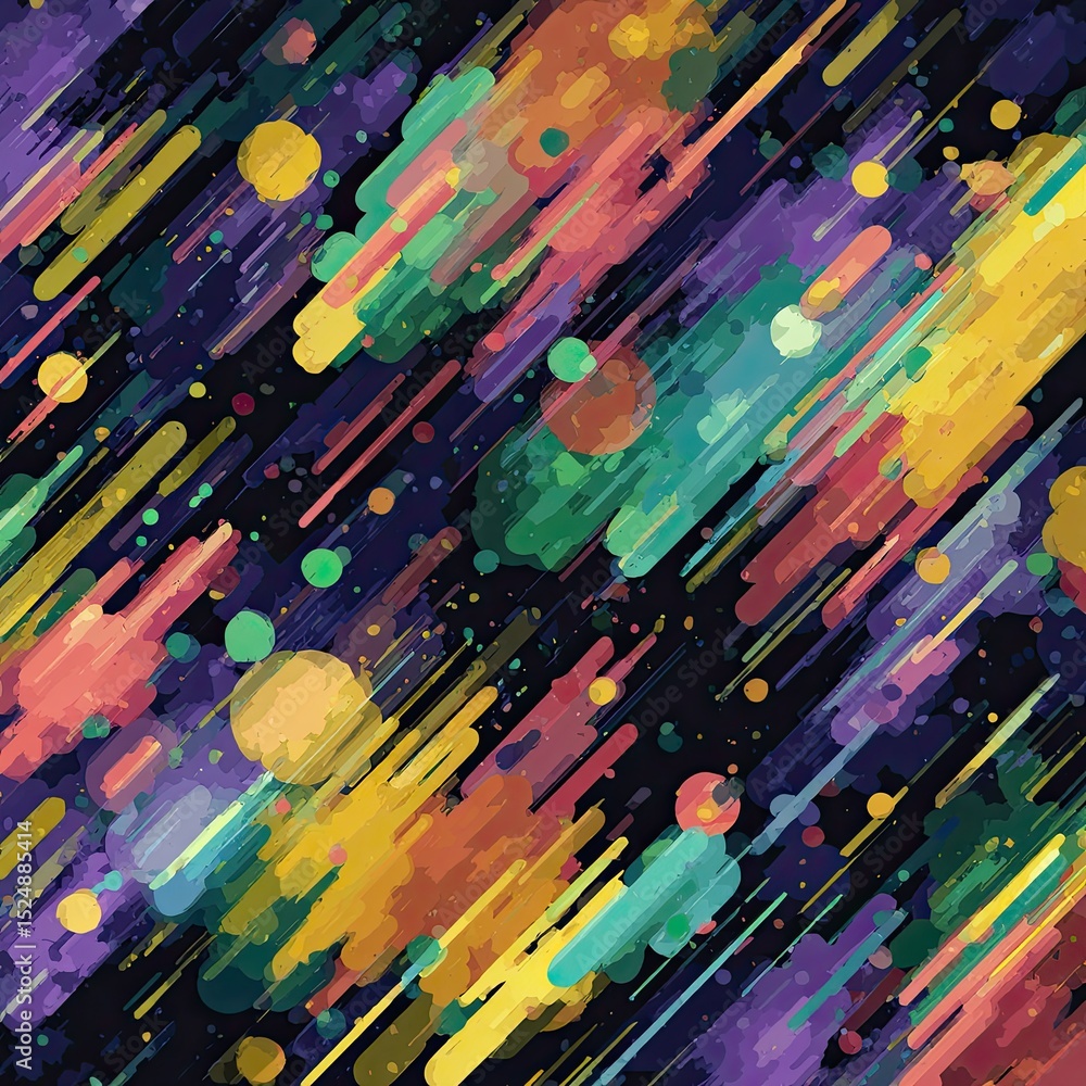 Poster abstract artwork with dynamic colorful streaks and splatters on dark background