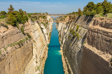 Greece, Corinth Canal - 31 March 2024 - View of the Corinth Canal connecting the Gulf of Corinth with the Saronic Gulf