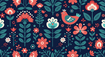 Fototapeta premium Folk Art Floral Pattern – Decorative Birds & Blossoms on Dark Background