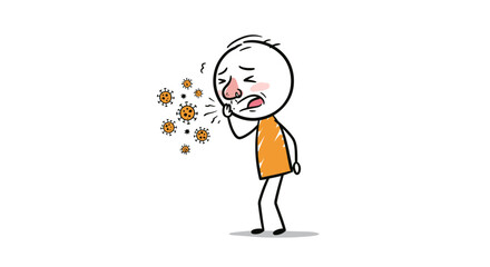 Vector illustration of a sick stickman sneezing with red nose and viruses floating around. Represents flu, cold, infection, allergy, or contagious disease symptoms