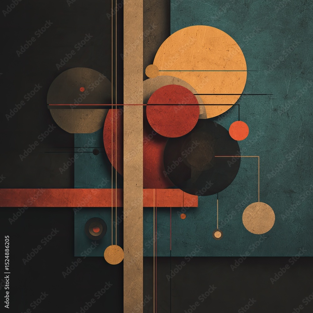 Poster abstract geometric artwork with muted earth tones, featuring overlapping circles and rectangles conn