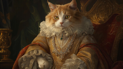 Regal Cat Portraits in Royal Attire – Animal Photography on vintage renaissance backgorund