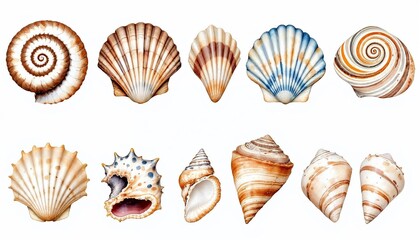 Fototapeta premium Aquatic Treasures: A collection of meticulously crafted seashells of varied sizes and intricate patterns, each capturing the delicate beauty and natural artistry of the ocean.