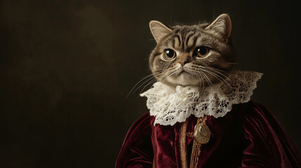 Regal Cat Portraits in Royal Attire – Animal Photography on vintage renaissance backgorund
