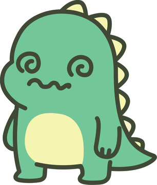 Confused and Dizzy Cute Green Dinosaur with Swirly Eyes and a Wobbly Mouth








