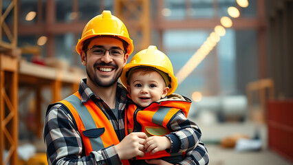 Naklejka premium Happy father holds little son wearing construction worker uniforms hard hats at construction site Sm