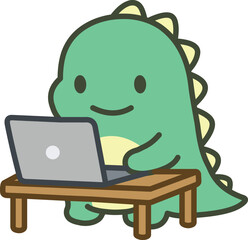 Smiling Cute Green Dinosaur Sitting at a Desk Working on a Laptop