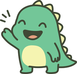 Cheerful Cute Green Dinosaur Waving Happily, Saying Hi with a Big Smile © Yael Weiss