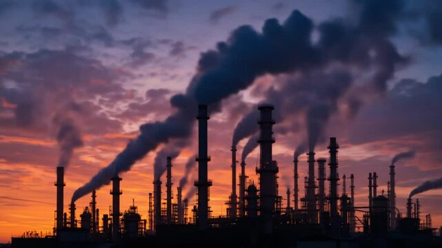Industrial refinery with smokestacks and pipes silhouetted against a dramatic sunset sky. 4k video