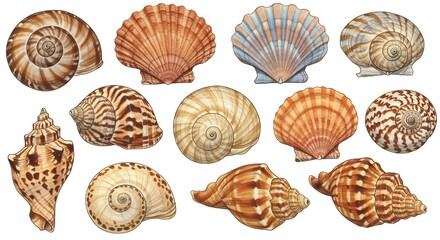 Seashells Collection: A diverse array of seashells, showcasing various shapes, sizes, and colors, perfect for crafting, decoration, or design projects.