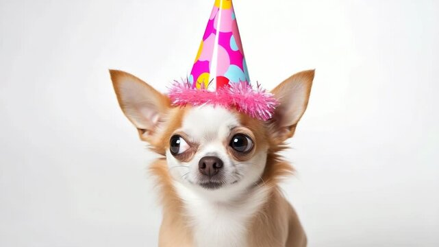 Festive chihuahua dog in a party hat for birthday fun on a white background.