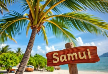 Koh Samui wooden sign on palm tree, tropical beach paradise,  idyllic,  clouds