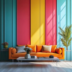 Vibrant living room with colorful wall panels, orange sofa, and potted plant